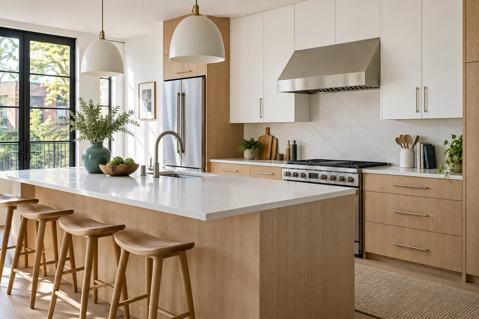 Bright kitchen with oak cabinetry and white countertops, illustrating a renovation project