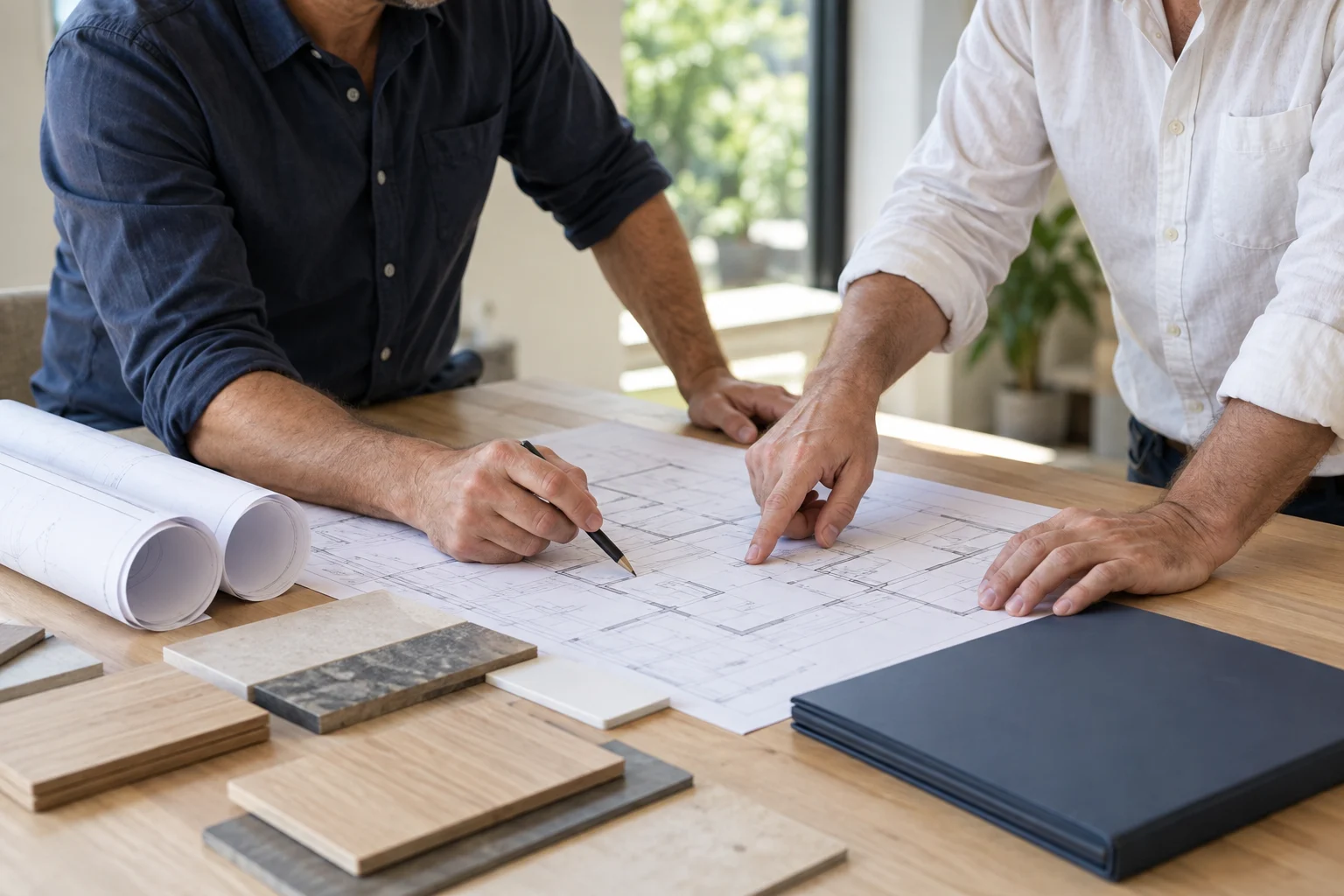 Renovation professionals reviewing floor plans and material samples, an illustrative project image
